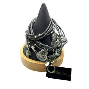 Cookie Lee Bracelet Wrap Charm Beach Seashell Turtle Gray Cord Silver Tone